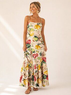 Abercrombie Premium Linen Strapless Babydoll Maxi Dress Veggie Print Medium